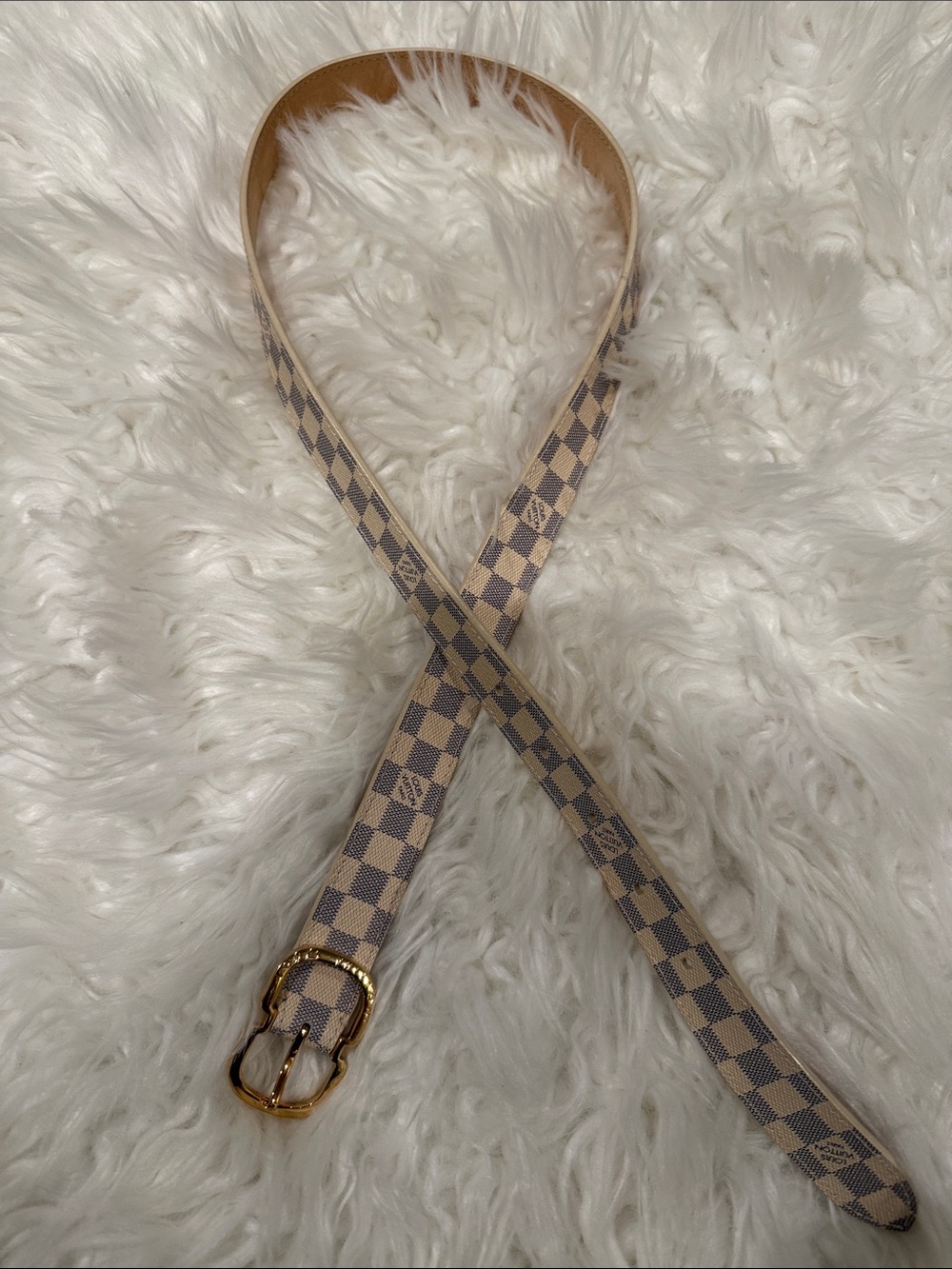 Louis Vuitton Beige Checkerboard Leather Belt with Gold Buckle